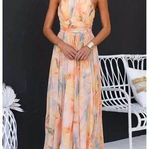 Peach Watercolor Halter Backless Boho Sundress for Wedding Guest